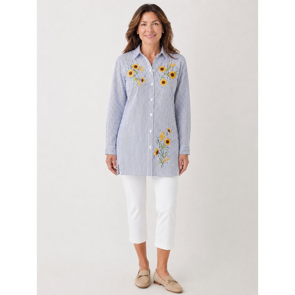 Quacker Factory Floral Embroidered Button Down Shirt Blue M Striped Cottage Boho